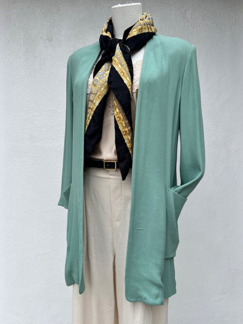 Vintage 80s Pianura Studio Italy Open-front Collarless Longline Mint Blazer (M)